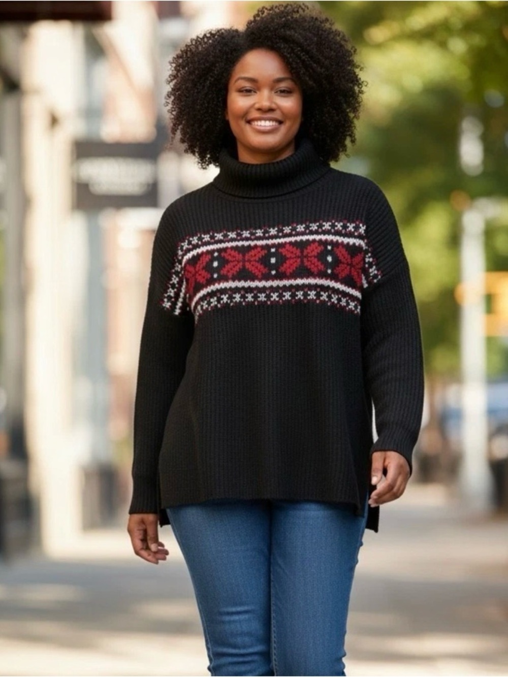 Chaps Womens Sweatshirt Fairisle Pullover Cowl Neck Black Red Drawstring Size L